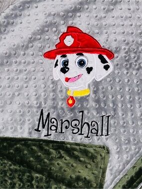 NEW Handmade Marshall Paw Patrol Embroidered Blanket - Gray & Olive-Large size